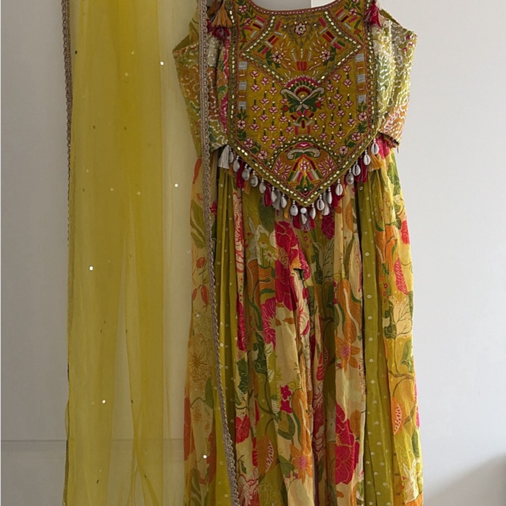 Yellow Floral Embroidered Palazzo Pants with Tassel Detailing